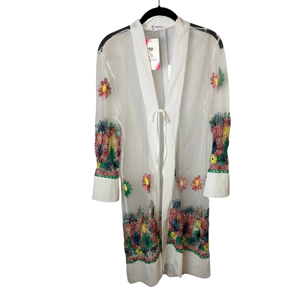NWT ASHA Sheer Embroidered Floral Kimono Cardigan One Size Lightweight Duster
